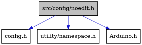 digraph {
    graph [bgcolor="#00000000"]
    node [shape=rectangle style=filled fillcolor="#FFFFFF" font=Helvetica padding=2]
    edge [color="#1414CE"]
    "3" [label="config.h" tooltip="config.h"]
    "1" [label="src/config/noedit.h" tooltip="src/config/noedit.h" fillcolor="#BFBFBF"]
    "4" [label="utility/namespace.h" tooltip="utility/namespace.h"]
    "2" [label="Arduino.h" tooltip="Arduino.h"]
    "1" -> "2" [dir=forward tooltip="include"]
    "1" -> "3" [dir=forward tooltip="include"]
    "1" -> "4" [dir=forward tooltip="include"]
}